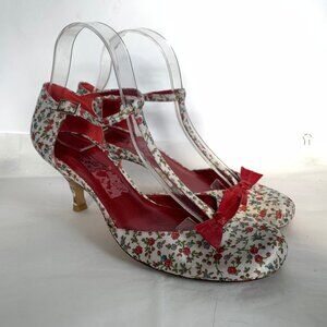 Jeffrey Campbell White Red Floral Bow Coquette T strap Pumps Round Toe - Size 9